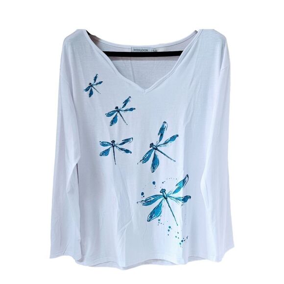 MISSLOOK Women's White LongSleeve Dragonfly detail V-Neck Shirt XL - Picture 2 of 12